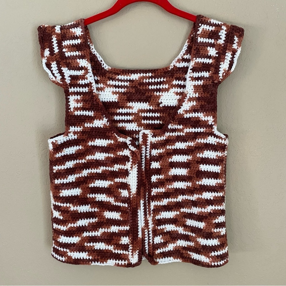 Handmade Brown White Crochet Open Front Vest